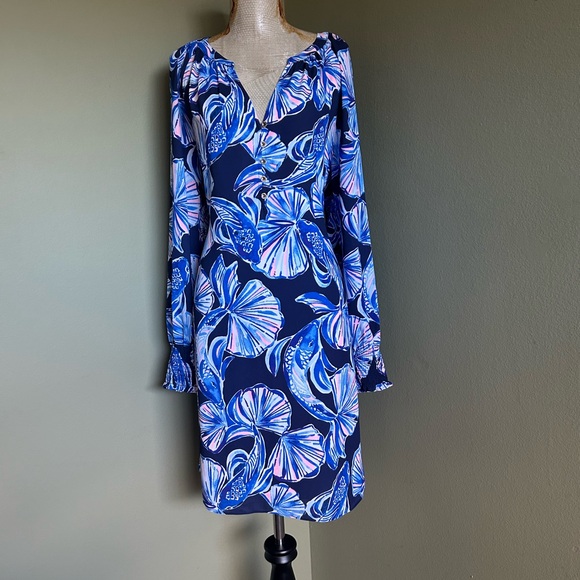 Lilly Pulitzer Navy Blue Floral Shift Dress Sz M - Picture 6 of 10